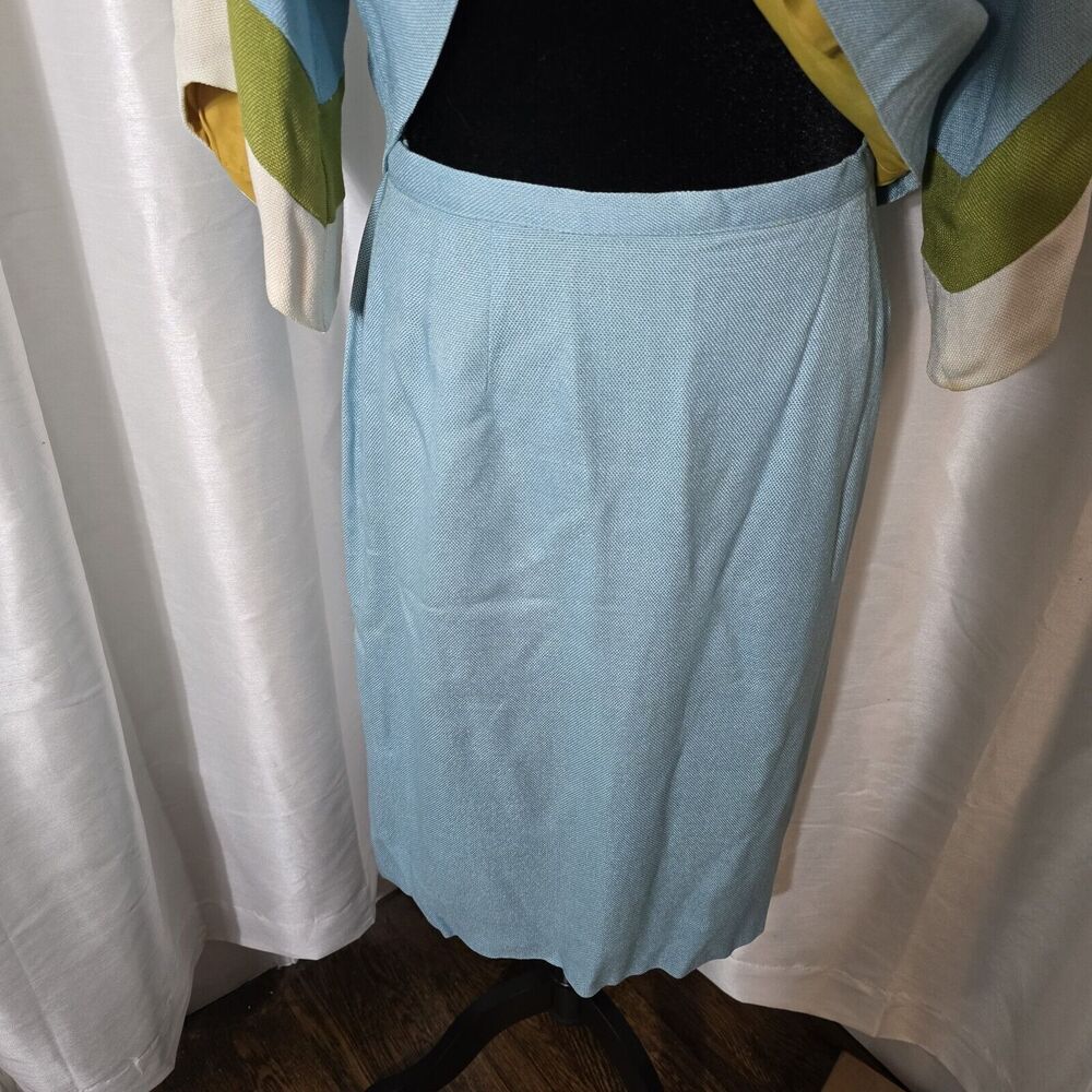 True Vintage 60s Skirt Suit Julie Miller Blouse Skirt Set 15/16 Womens Blue Gree - Picture 3 of 16